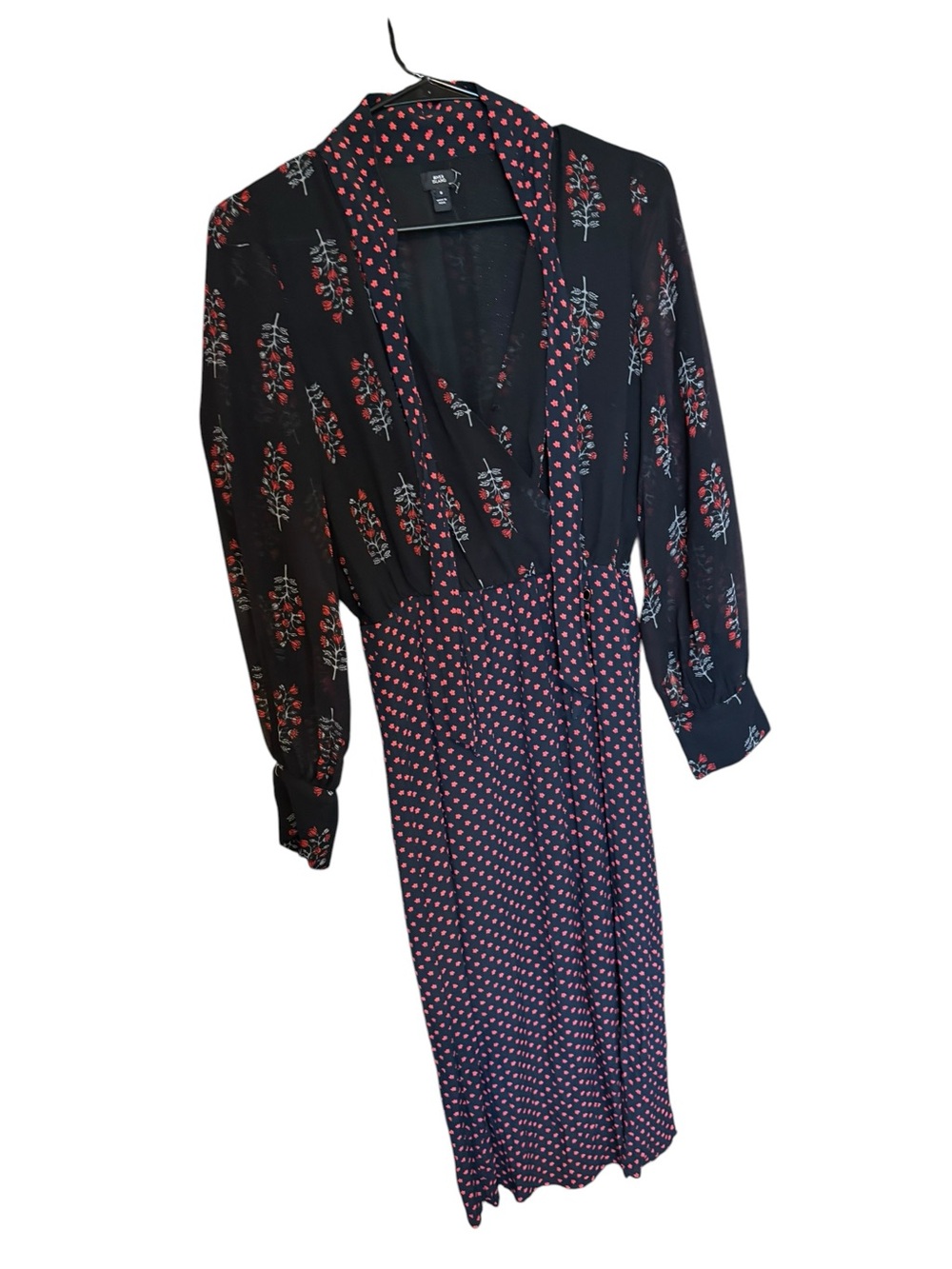 River Island Black Long-Sleeve Mixed Print Midi Dress with Red Accents